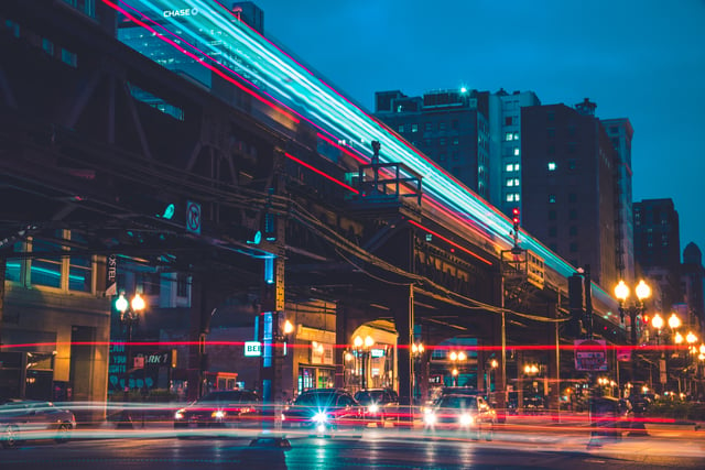 Chicago L and street time lapse at night