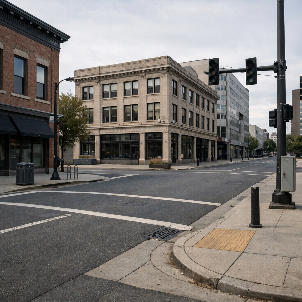 A calm urban streetscape featuring established commercial buildings and public infrastructure Subtle cues of city planning and regulation without any