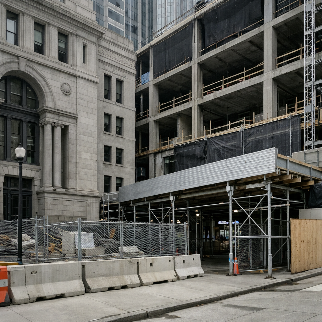 A realistic urban streetscape showing an active commercial construction project adjacent to a city or municipal building Subtle indicators of permitti-1